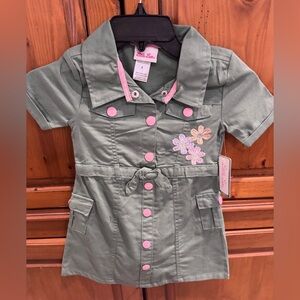 Little Lass Olive Dress with Pink Details